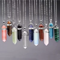 Natural stone pendant necklace quartz crystals hexagonal column pendulum leather necklaces hexagon rose crystal necklace 1