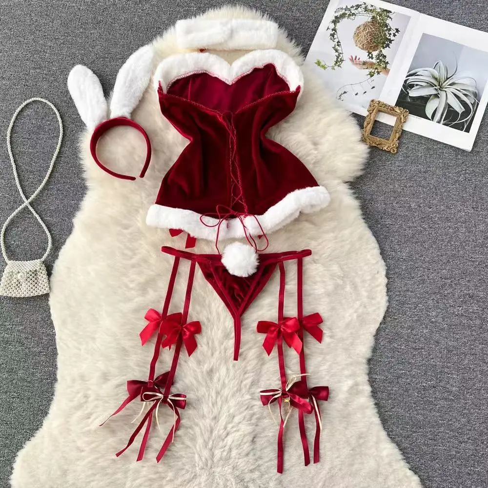 Sexy Bunny Rabbit Strapless Slim Fit Dress Sweet Bow Plush Erotic Lingerie Women Club Nightwear Pajamas Lace Up Red White Dress