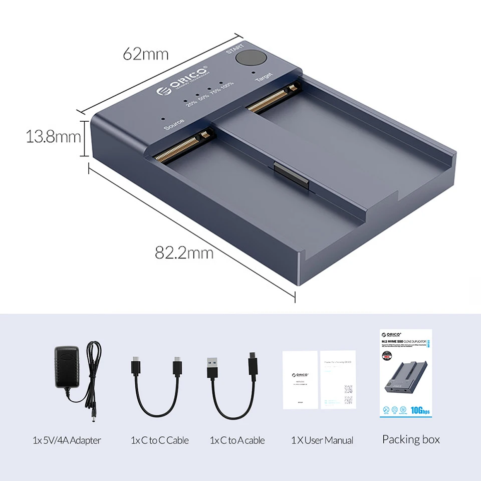 ORICO M.2 NVMe SSD Enclosure Offline Clone 10Gbps USB C Gen2 External Case Hard Drive Disk Dual Bay Port Copy Storage Box Copier