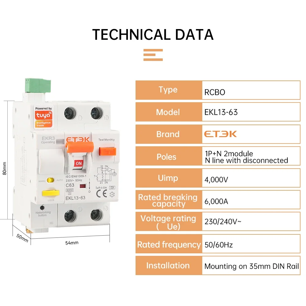 ETEK Tuya WlFl Smart circuit Breaker RCBO Smart Life Remote control short Circuit Protection Timed 2P withour metering EKR3L