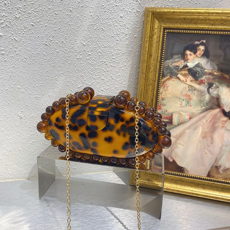 Leopard Beads Acrylic Box Evening Clutch Bag 2025 Women Designer Luxury Sequin Purses And Handbags Wedding Party Purse Clutches