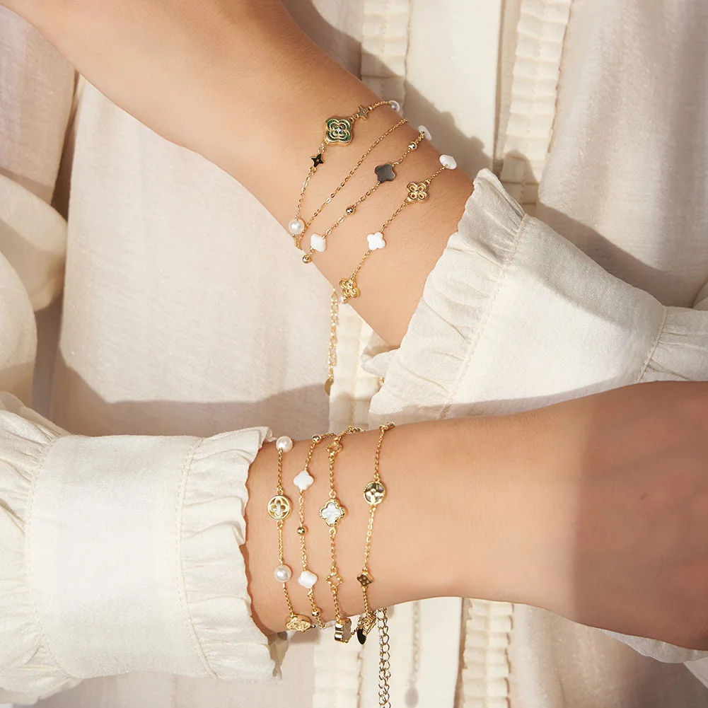 Silver Green Shell Four-Leaf Clover Bracelet O-Chain With Pearl