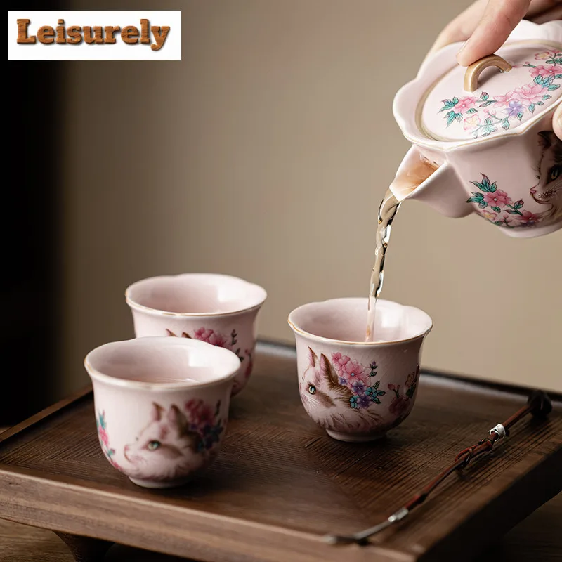 Pink Ru Kiln Flower Cat Teacup Creative Tea Bowl Beautiful Tea Cup Meditation Cup Chazhan Master Cups Household Drinkware Craft