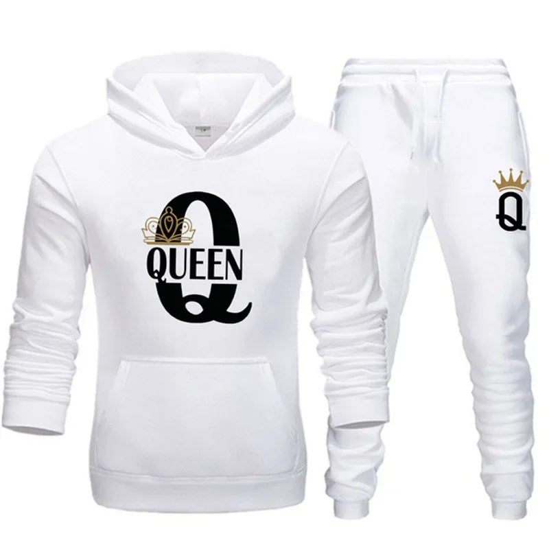 Autumn and Winter Men and Women Hooded Hoodie Set KING QUEEN Loose Hooded Printed Couple Suit Sportswear Sports Suit