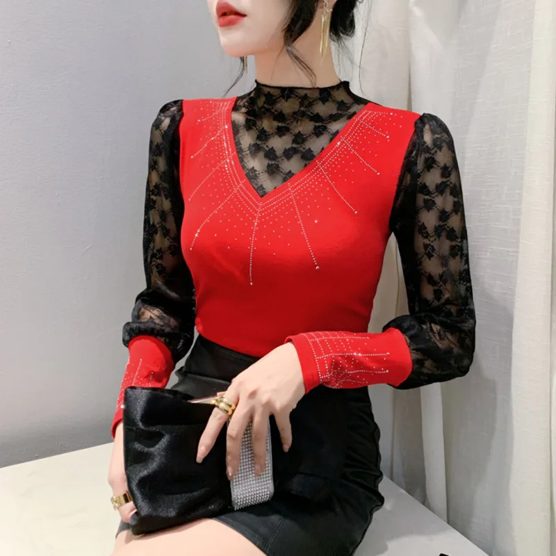 

#8667 Black Red Split Joint Lace Long Sleeve T Shirt Women Round Neck Office Retro Turtleneck T-shirt Femme Hollow Out Diamonds