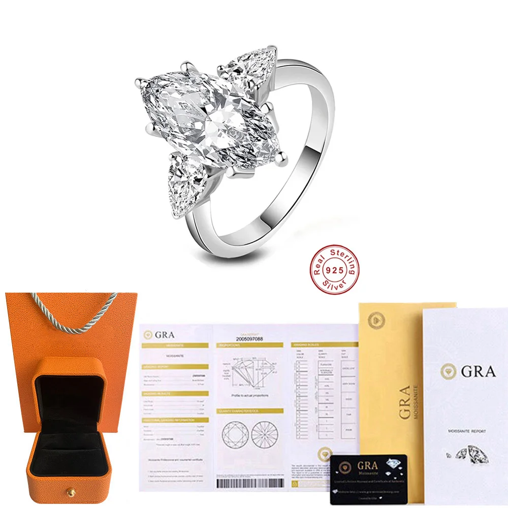 925 Sterling Silver Marquise 8*16mm Created Moissanite Gemstone Engagement Rings for Women Wedding Fine Jewelry