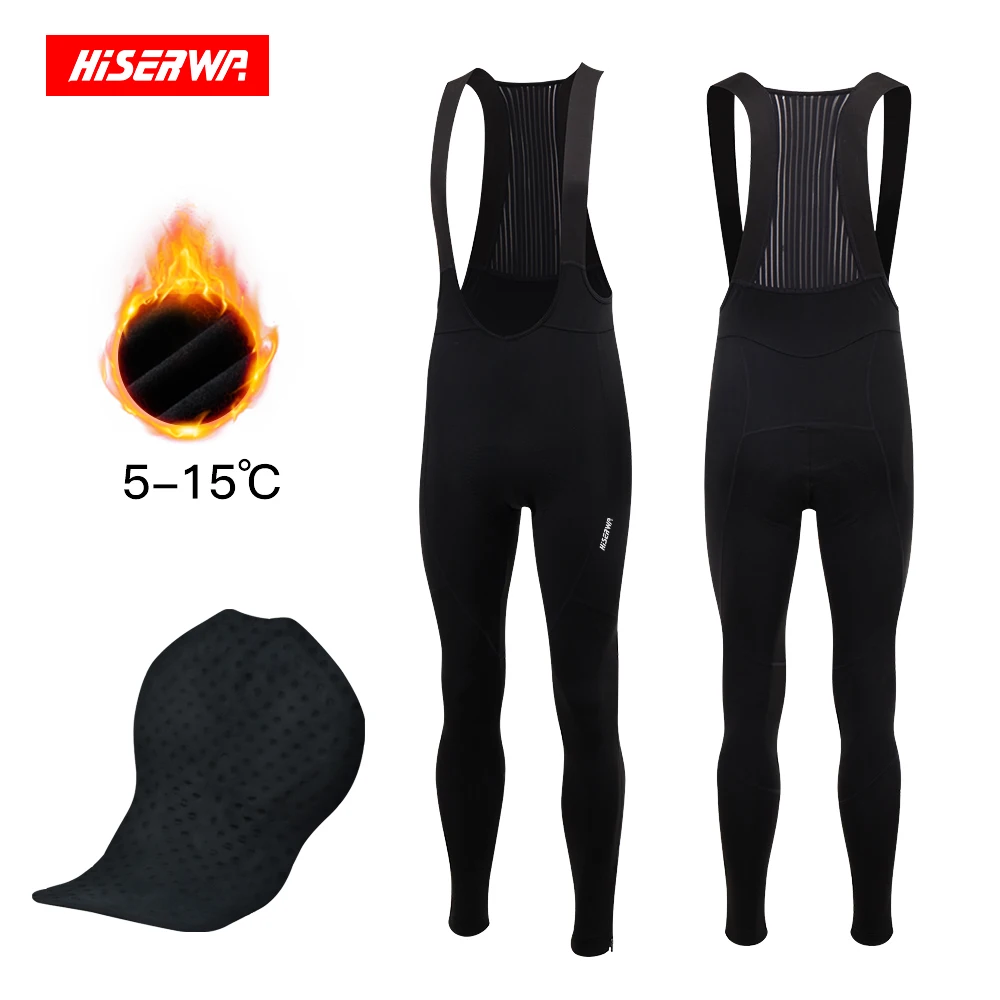 HISERWA Men Cycling Bib Pants Winter Thermal Mountain Bike Pants Fleece Cycling Long Trousers 5-15&deg;C MTB