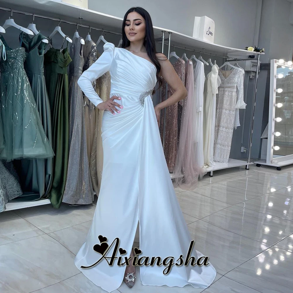 

Aixiangsha Stylish Celebrity Dresses for Women Satin One Shoulder Full Sleeves Evening Dress Vestidos De Gala Personalised