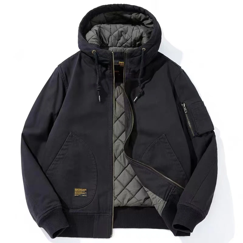 Jacket For Men's Solid Color Detachable Hooded Windproof Cotton Jacket Casual Loose Biker Jacket Men's Clothing Winter