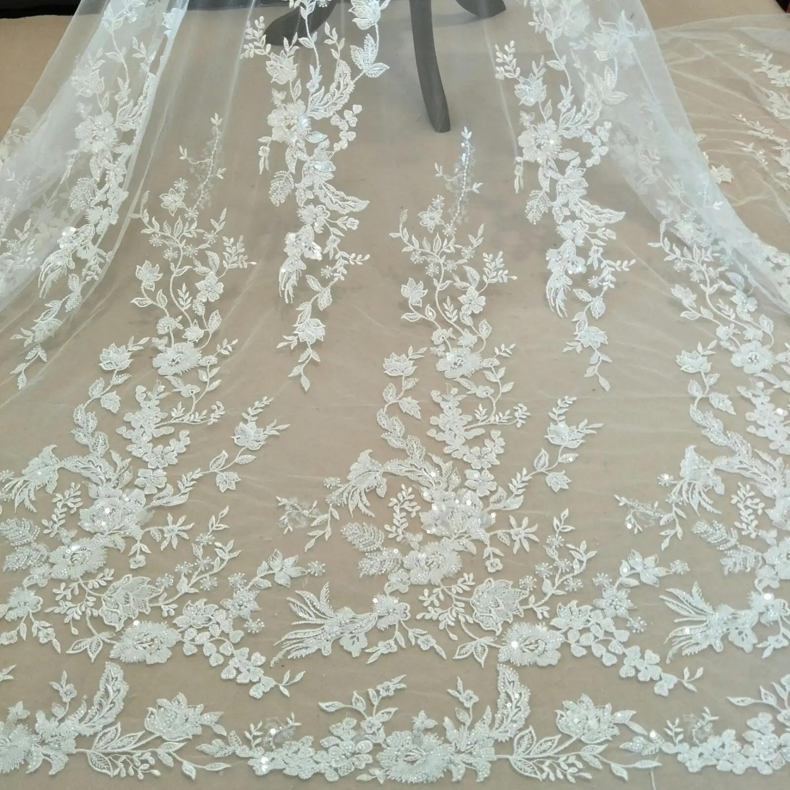Luxury Lace Ribbon Wedding Dress, DIY Fabric with Beads and Sequins, Wide, 135cm, Sold by Yard