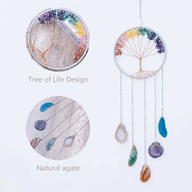 7 Chakra Gemstone Tree of Life Dream catchers Color Agate Wall Hangings Room Window Garden Wind Chimes Dream Catchers Home Decor