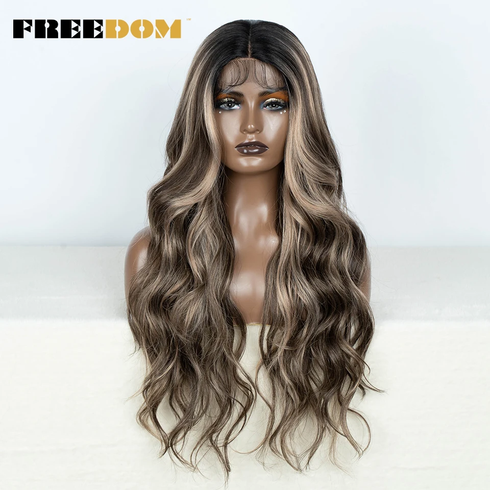 FREEDOM Body Wavy Synthetic Lace Front Wigs For Black Women 28 inch Ombre Brown Higlight Lace Wig With Baby Hair Cosplay Wig