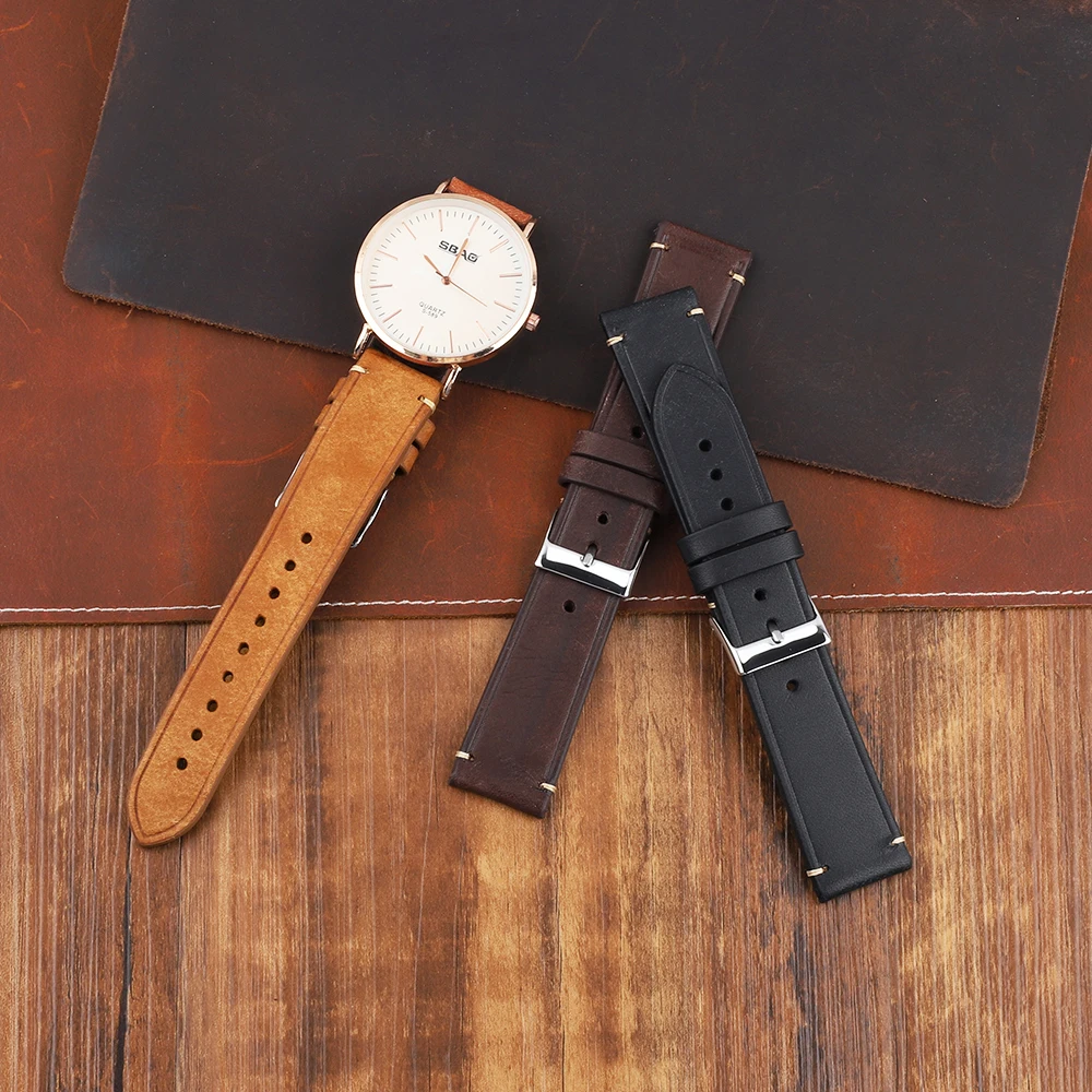 Retro Genuine Leather Strap Vintage Handmade Cowhide Leather Watchband 18mm 19mm 20mm 22mm High Quality Business Watch Band