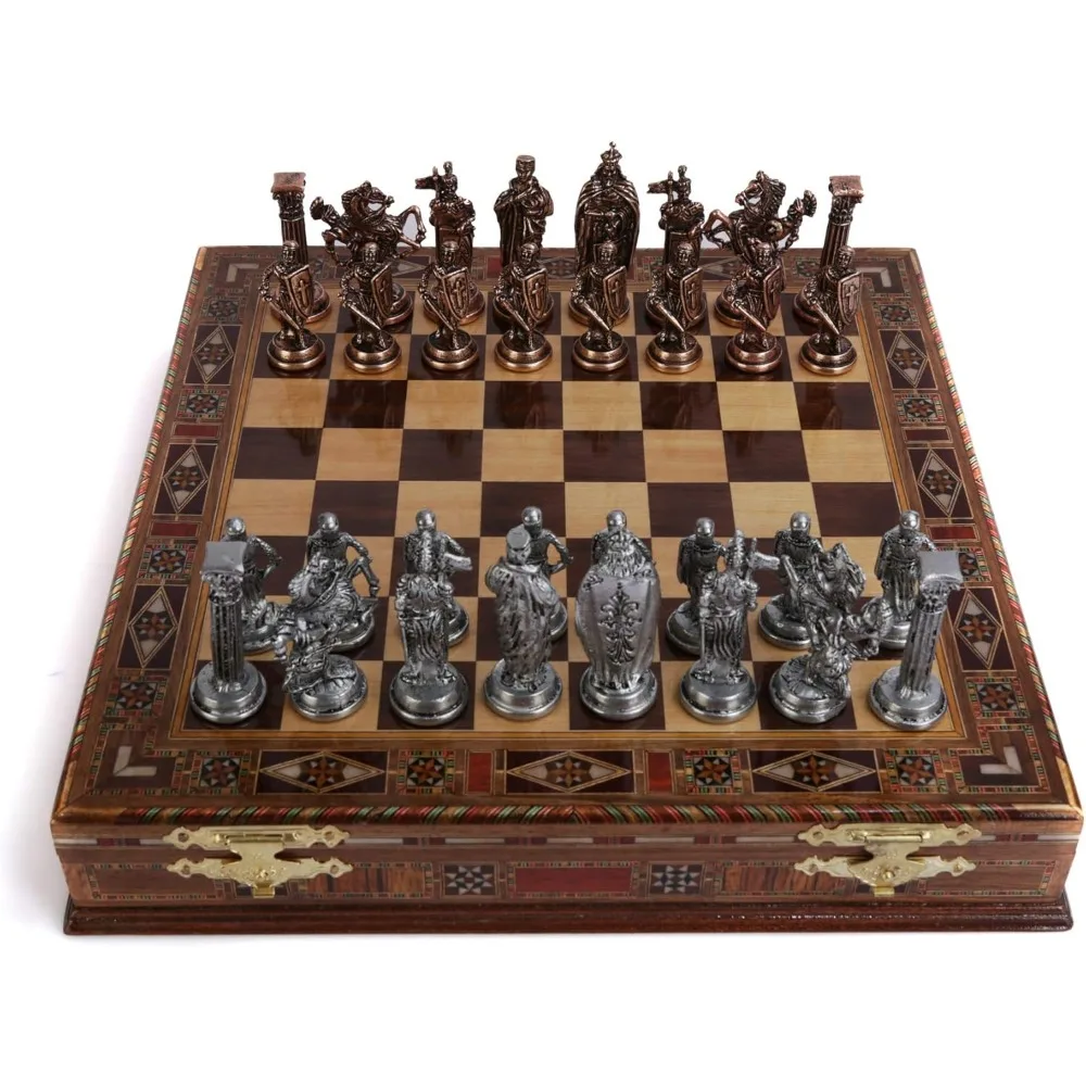 Antique Copper Metal Chess Set for Adults,Handmade Pieces and Natural Solid Wooden Chess Board with Storage Inside King 3.35inc