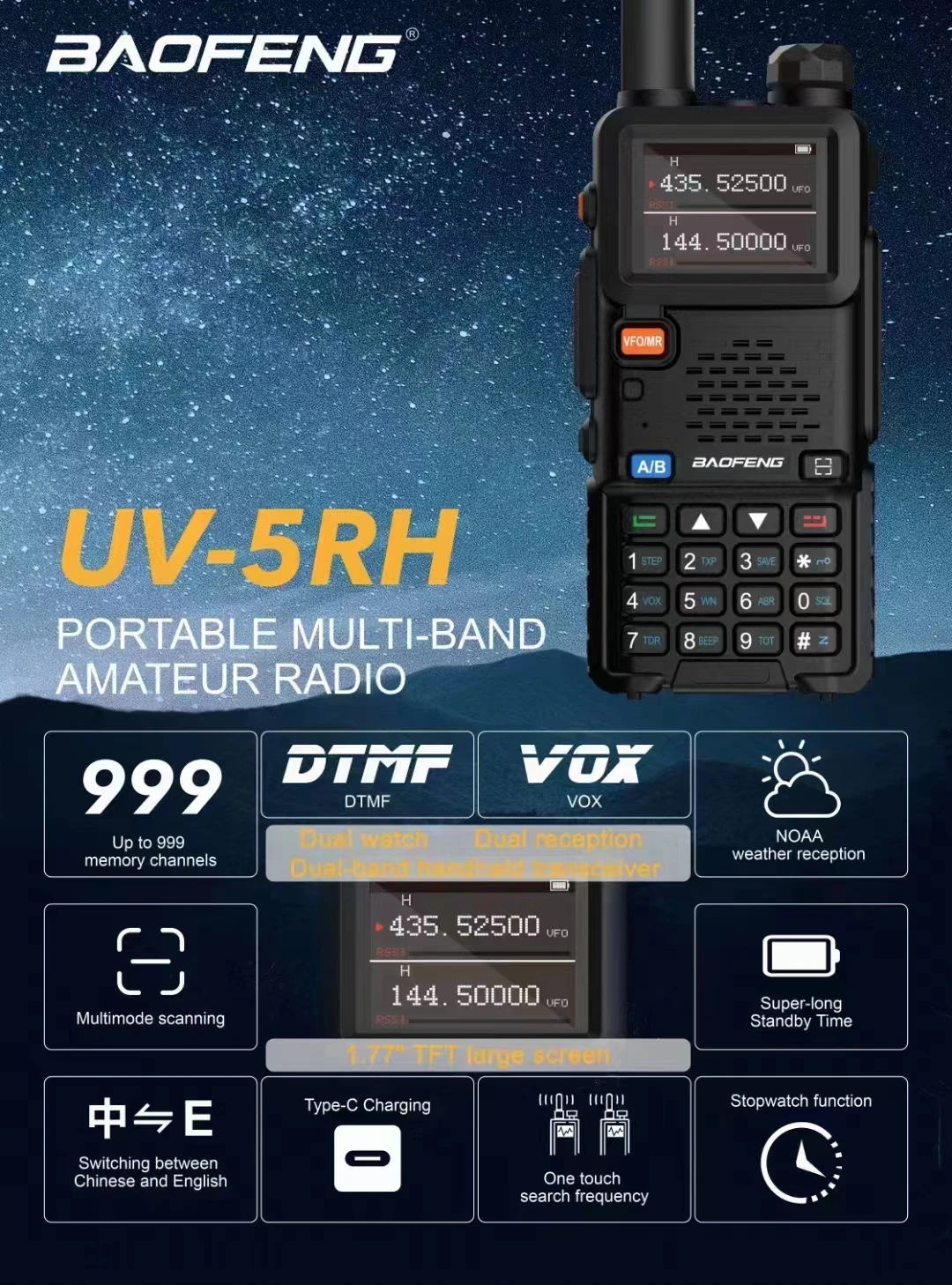 Baofeng UV-5RH Pro Max 15W Air Band Walkie Talkie Wirless Copy Frequency Tri-power Type-C NOAA Long Range 5RM Ham Two Way Radio 2