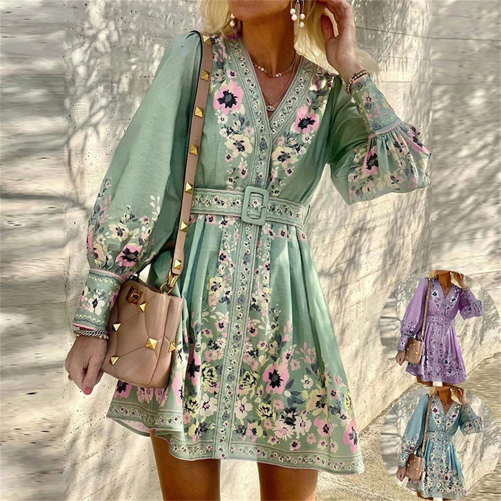 

2023 New in Women Bohemian Dresses Floral Print Long Sleeves Belt A-Line Dress Elegant Ladies V Neck Button Up Summer Mini Dress