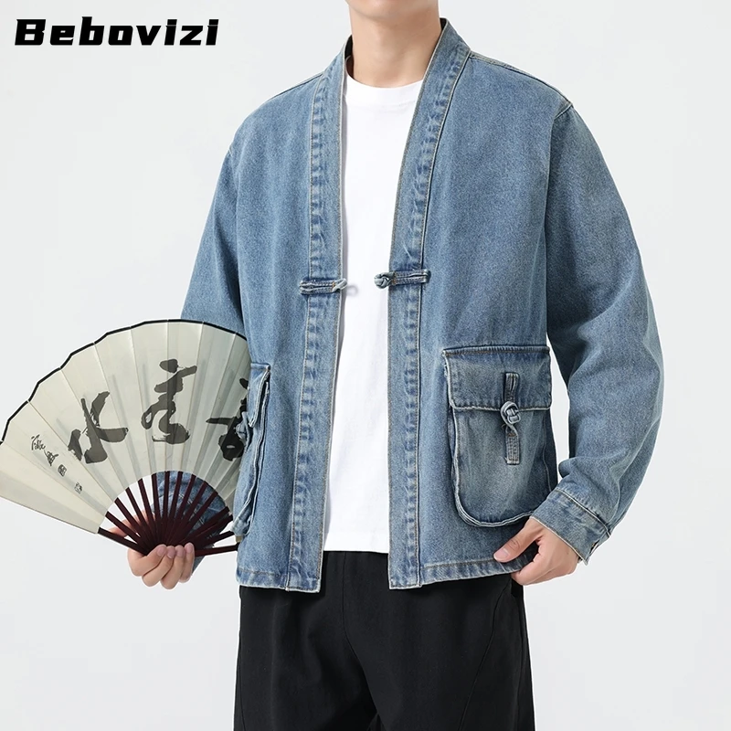 Fashion Men Denim Jacket Cotton Kimono Haori Japanese Pocket Cardigan Coat Vintage Traditional Asian Jackets Clothing
