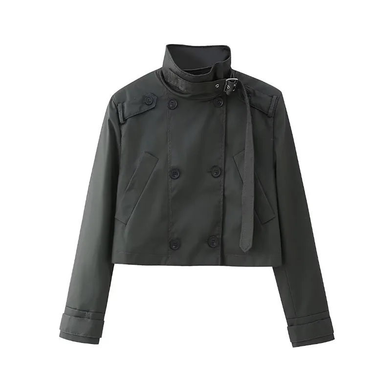 

Autumn And Winter Women's 2023 Casual Classic Retro High Collar Double-Breasted Belt Long-Sleeved Short Slim Windbreaker Jacket