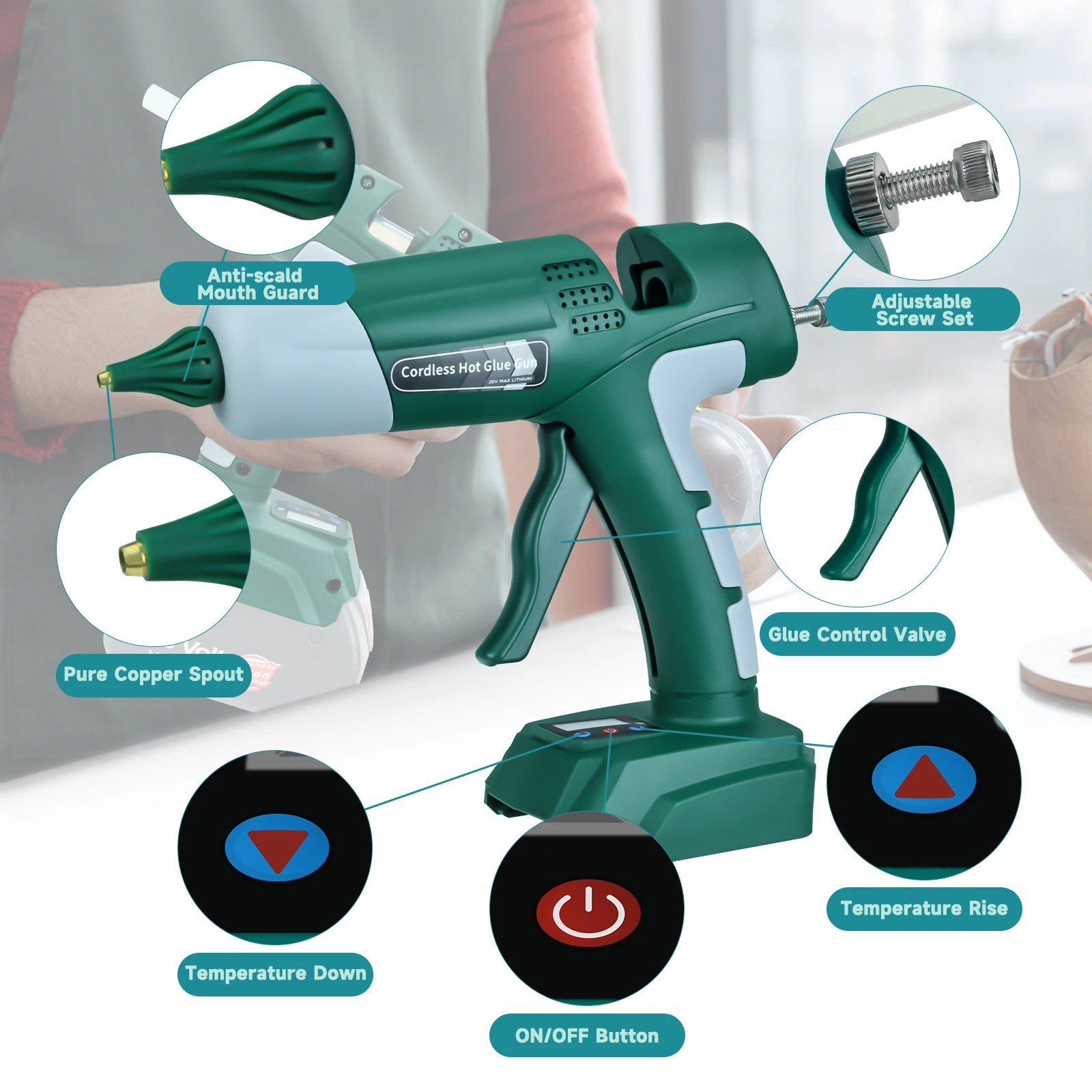 100W Cordless Hot Glue Gun for Bosch 18V Battery with 10pcs 11mm Glue Sticks 100