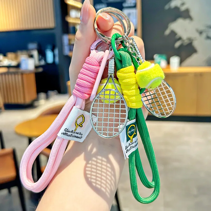 Tennis Hand Rope Keychain Heart Shape Beaded Pendant Bag Charm Couple Accesories Gift