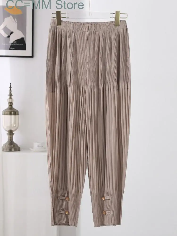 New Pleated Pants For Women High Elastic Waist Solid Color Beading Decoration Female Loose Casual Thin Trousers