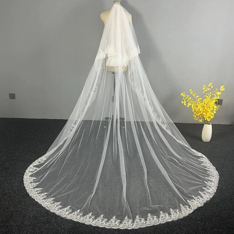 

New Arrival 3*3M White Ivory Wedding veils Lace Edge Two layers Bride Bridal veil Boda velo de novia