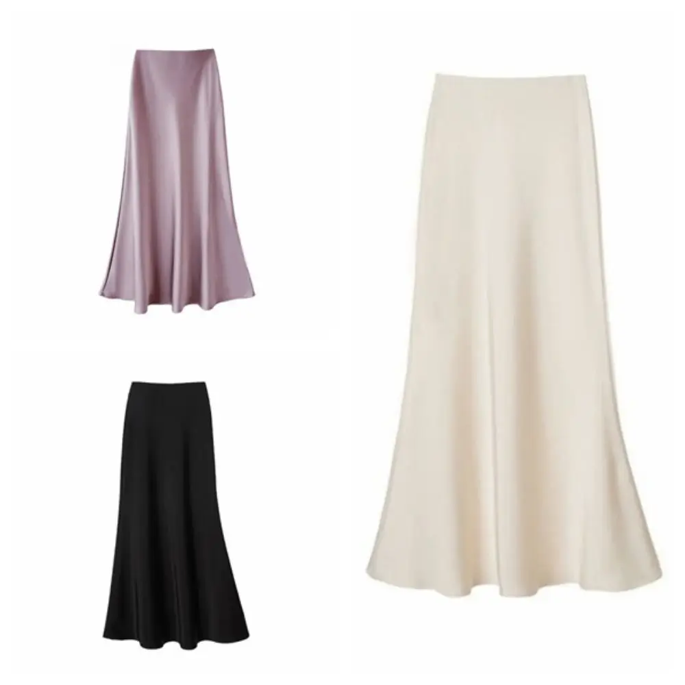 Fashion Summer Satin Silk Long Skirt Slim Fit High Waist High Waisted Skirts Half Body Dress A Line Midi Skirt Social