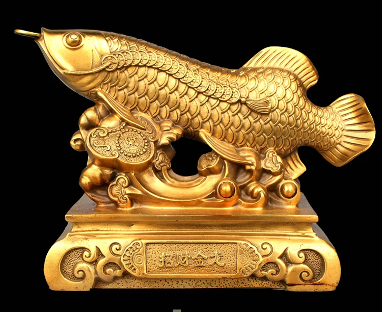 

HOT SALE wealth treasure HOME office Money Drawing TOP efficacious Talisman # Golden Fish Arowana FENG SHUI Brass statue