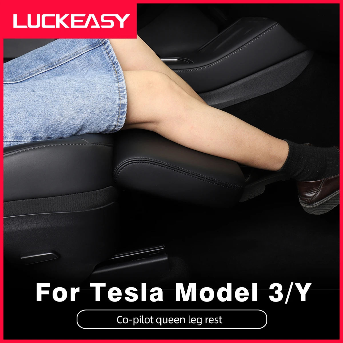 car steering wheel LUCKEASY For Tesla Model Y Co-pilot Leg Rest Extension Mat Model3 2017-2022 Seat Leather Soft Foot Support Leg Knee Pad Model 3 car pedals