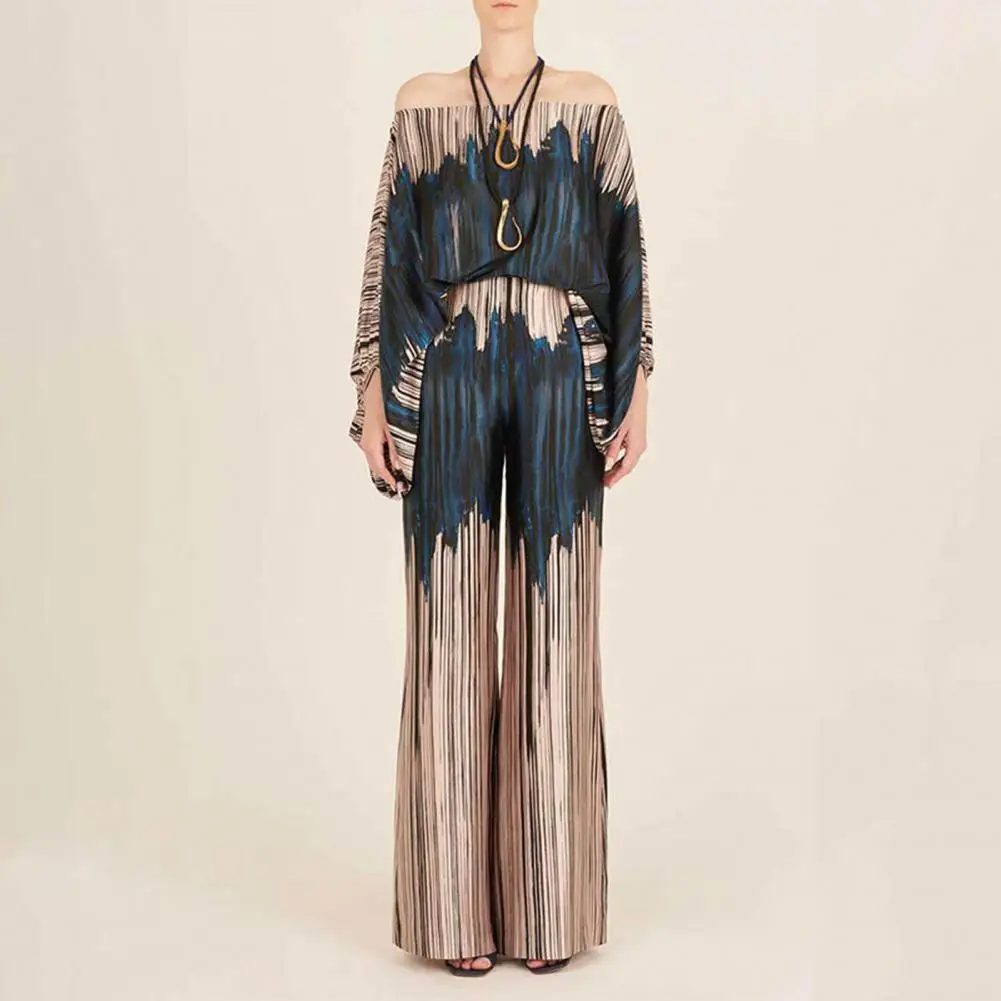 Loose Wide-leg Pants Suit for Women Stylish Women's Off Shoulder Top Wide Leg Pants Set Color Matching Printed Blouse High Waist