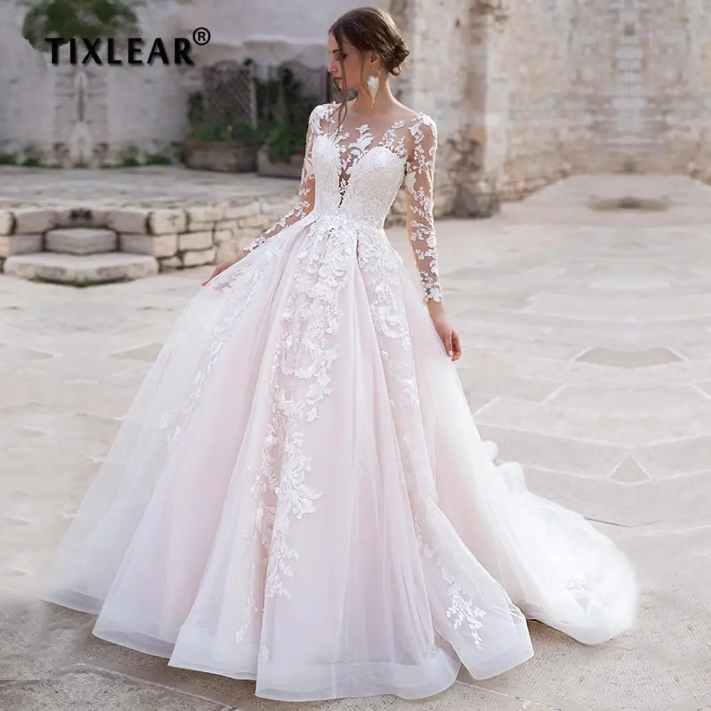 

TIXLEAR Romantic Long Sleeves Wedding Dresses For Women 2022 Elegant Lace Appliques Court Train Bridal Gowns Scoop Custom Made