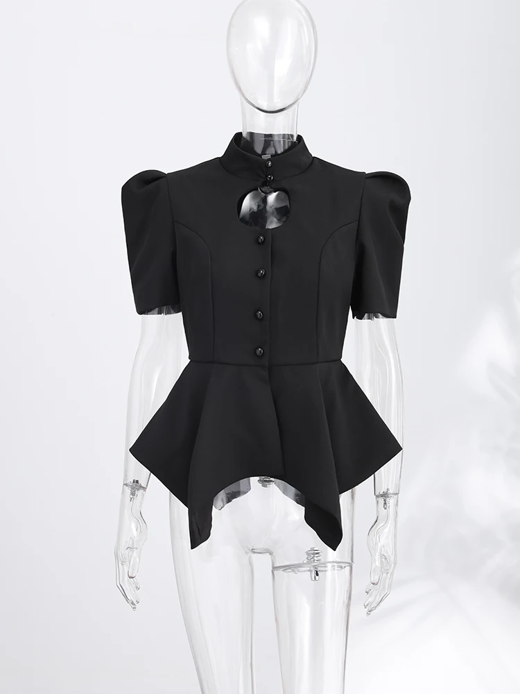 Ausgeschnittenes Puffärmel-Oberteil mit Taillenschnürung und Rüschensaum für Damen, Sexy Stehkragen, Einreihig, Schlankes Top, Schicke Damen-Partykleidung – Detail 6