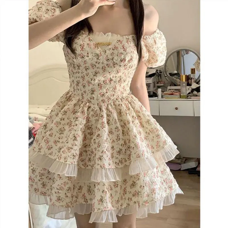 

Summer Sweet Floral Printed Dress Vintage Square Collar Short Sleeve A Line Bow White Backless Dress Sundress Princess Vestido