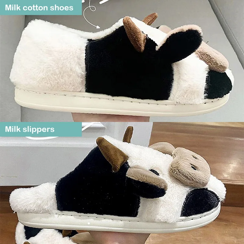 

Winter Cartoon Couple Women Cute Animal Slipper Kawaii Fluffy Warm Indoor Milk Cow House Slippers Funny Non-slip Shoes