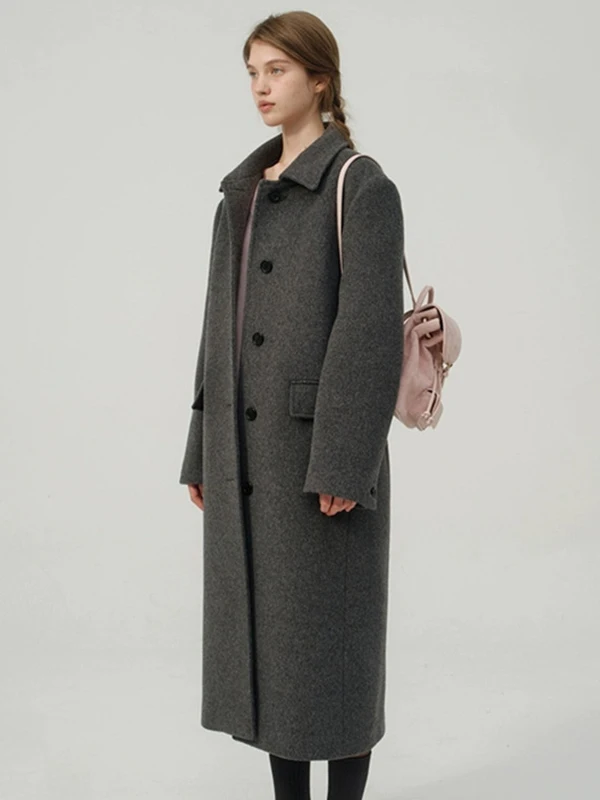 Women's Long Woolen Coat Thebarnnet Retro Lapel Single Button Slimming Bla Wool Coat Korean Sle Commute Faion