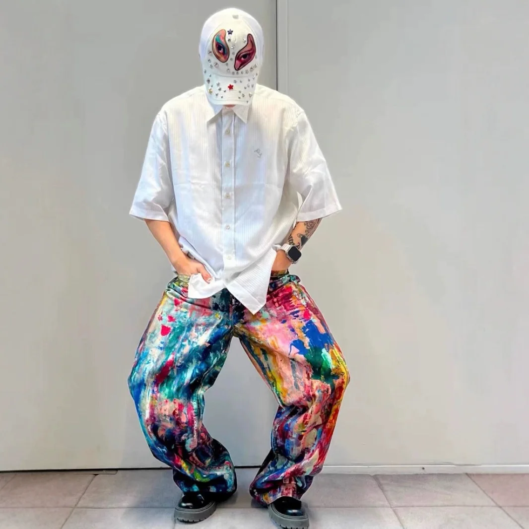 Vintage 3D Color Printing Splashed Ink Oil Painting Slim Straight Leg Denim Jeans Men Streetwear Y2k Casual Wide Jeans Pants Man