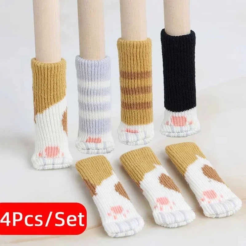Set of 4 Cat Paw Chair Leg Covers - Knitted Floor Protectors, Non-Slip and Wear-Resistant