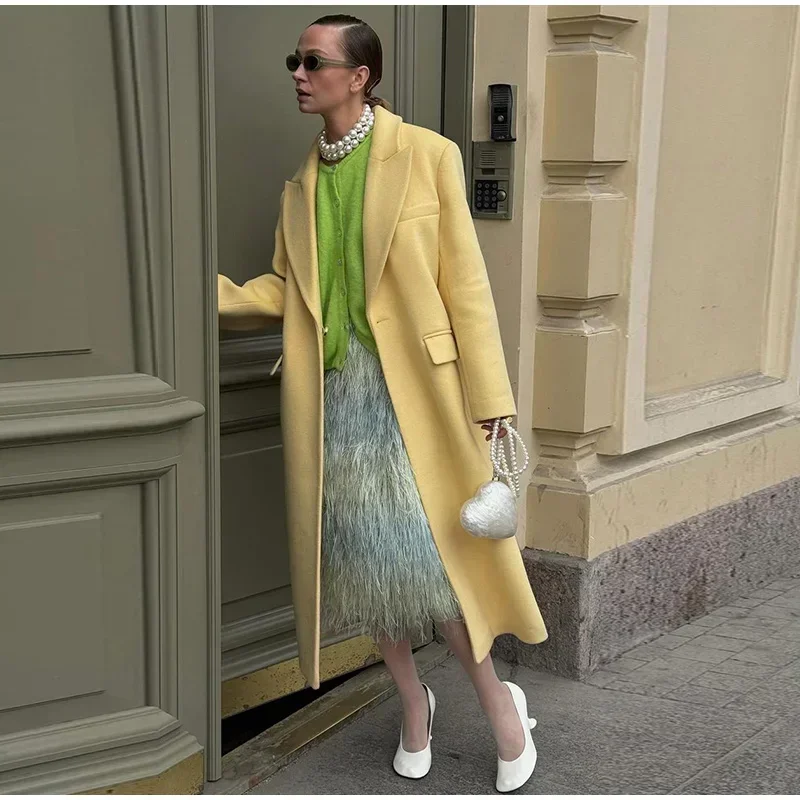Fashion Woolen Long Coat Women Autumn Full Sleeve Button Fake Pocket Split Yellow Overcoat Elegant Oversize New in Outwear
