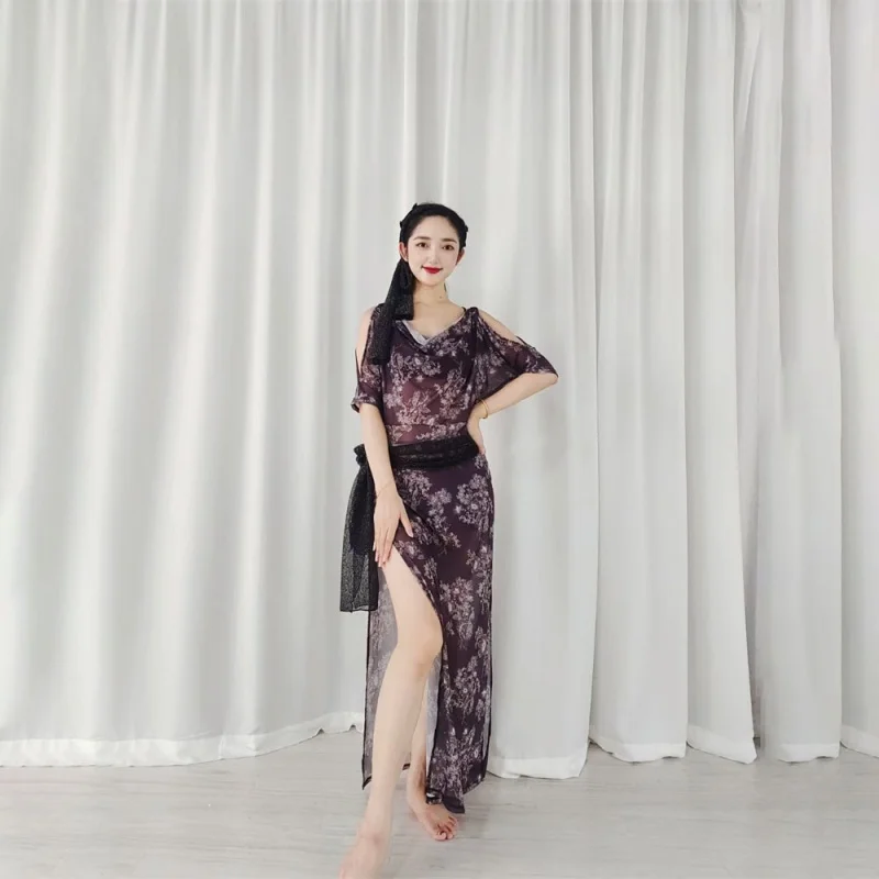 

Belly Dance Practice Performance Dress Spandex Performance Grade Off waist Double Split Dress DIY Slim Fit Printing Practice Rob