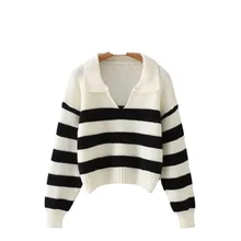 

Women Sweater 2021 Fashion Striped POLO Collar Loose Knit Sweater Retro Long Sleeve Pullover Streetwear