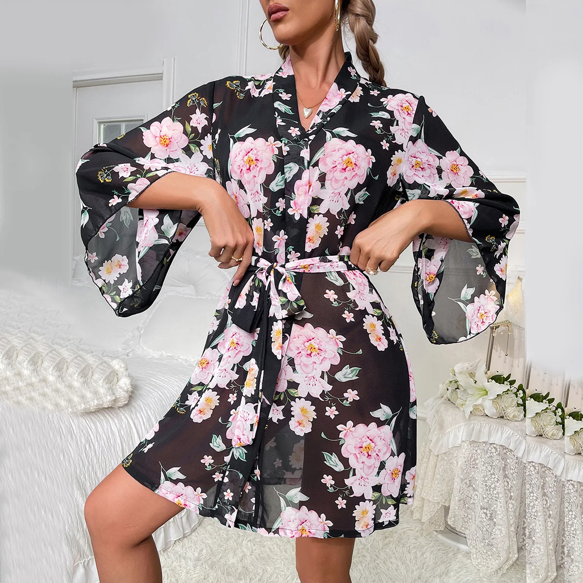 Summer Kimono Bathrobe Bride Wedding V-Neck Sleepwear Bath Gown Homewear Women Print Robe Nightwear Home Dress Loungewear