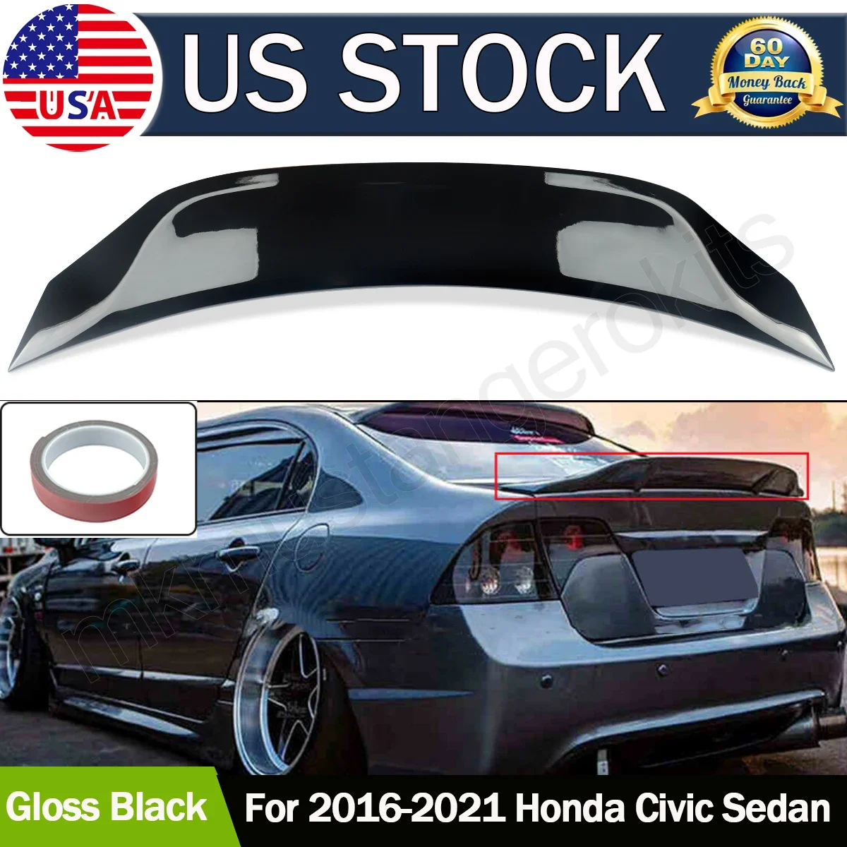 

For Honda Civic 10th 4DR Sedan RS Style Rear Trunk Spoiler ABS Gloss Black 16-21