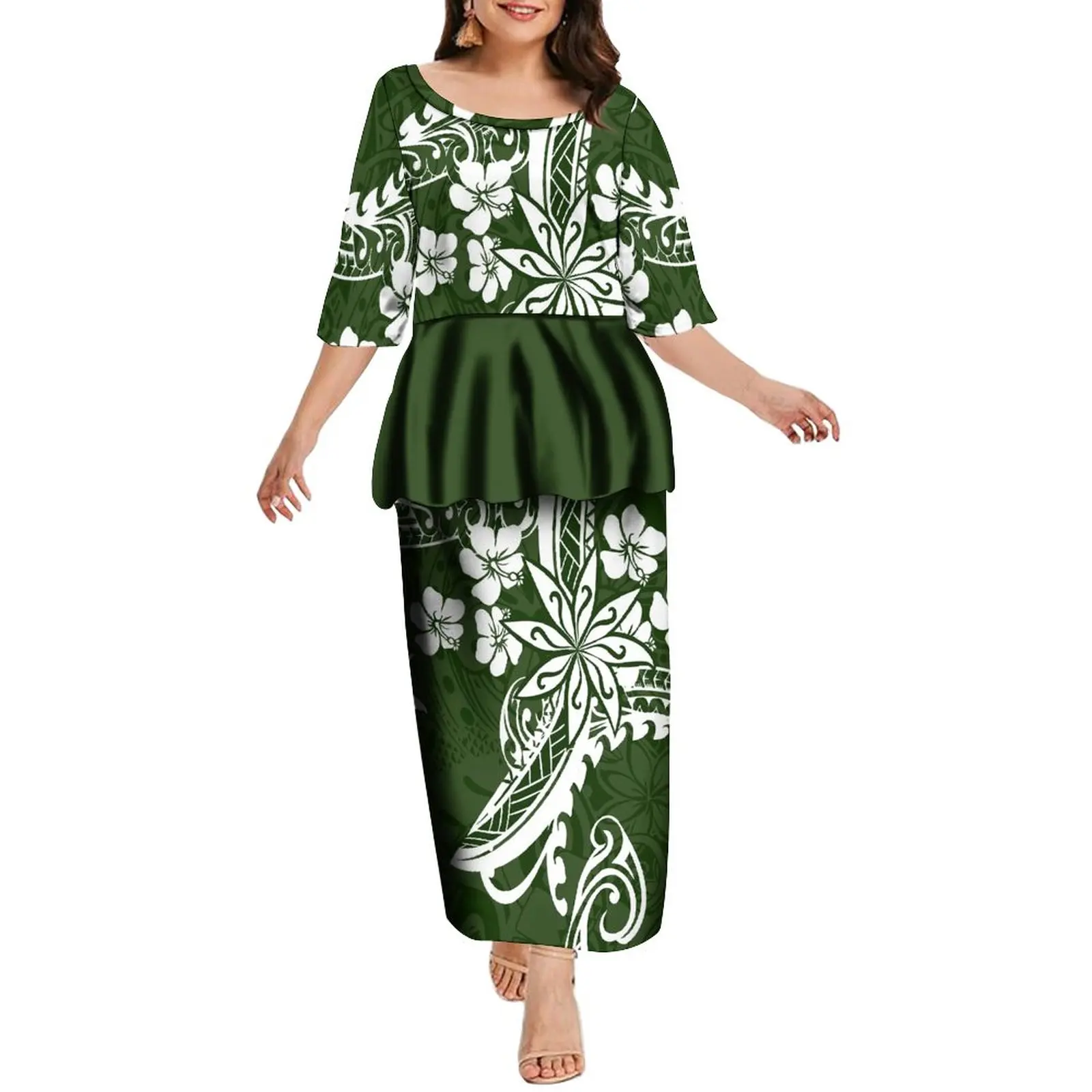New Design Women'S Half Sleeve Double Skirt Suit Tongan Sila Summer