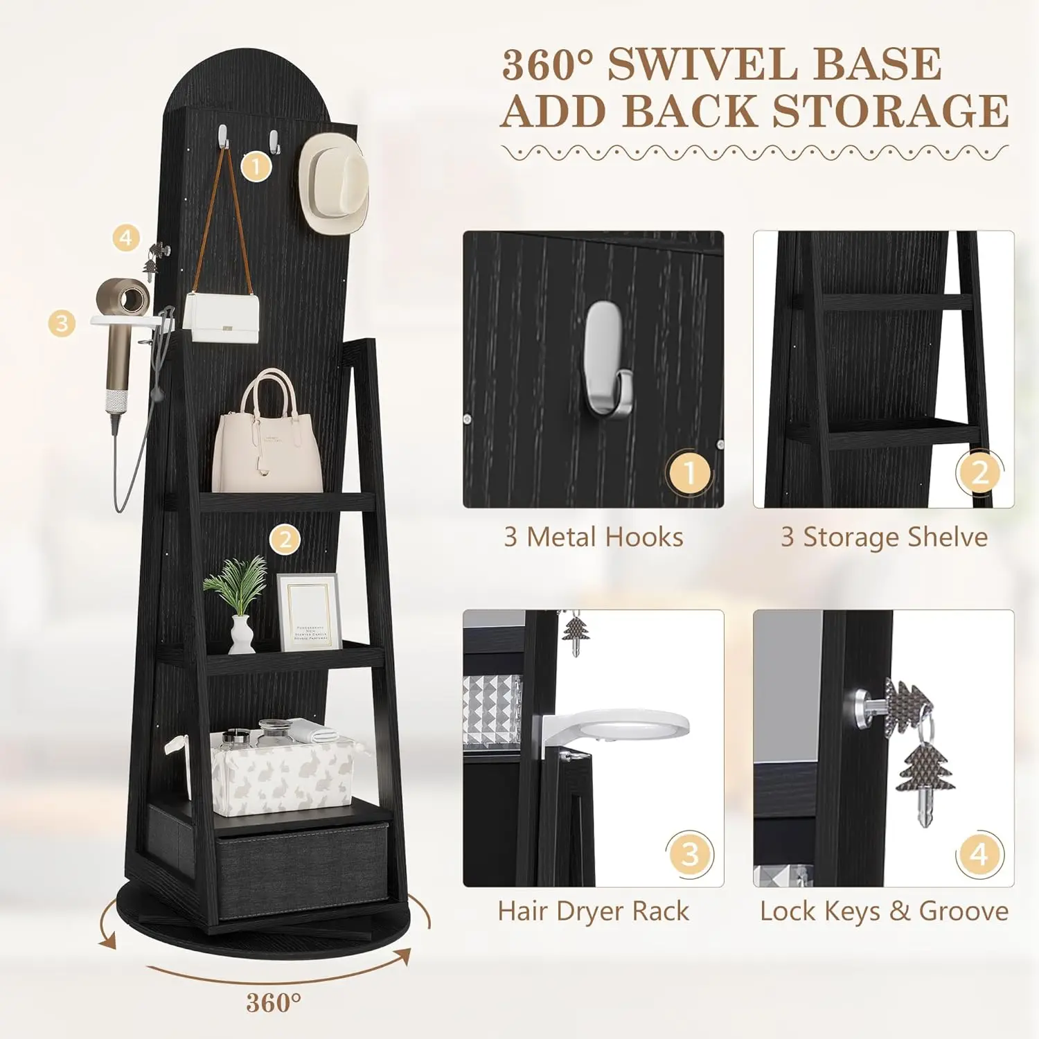 360° Swivel Arched Jewelry Mirror Cabinet, 64"H Standing Jewelry Armoire with 6 LED Lights, Lockable Jewelry Organizer