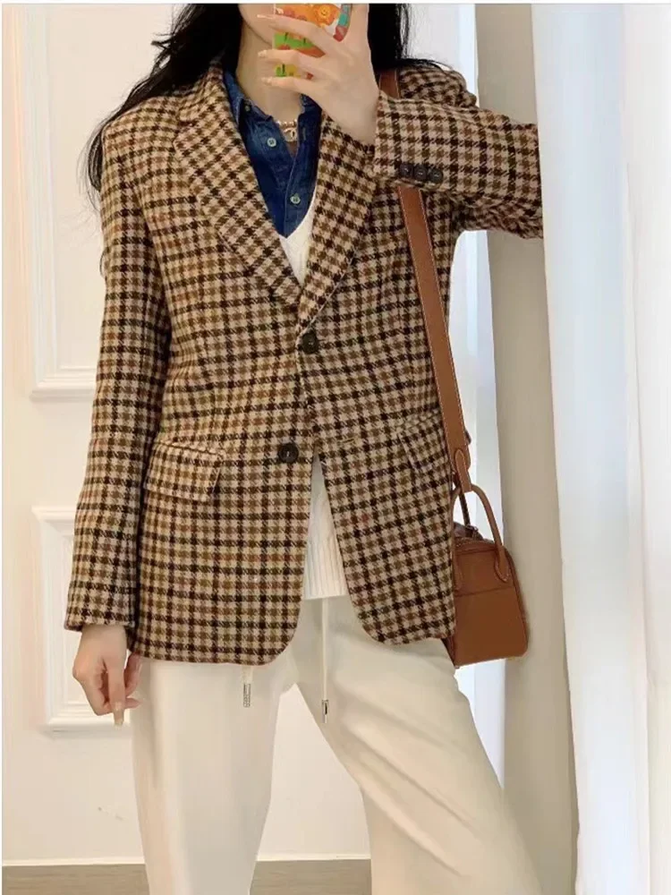 

Suit Coat for Women 2023 New Fall Wool Blends Houndstooth Single Breasted Vintage Fashion Long Sleeve Blazer