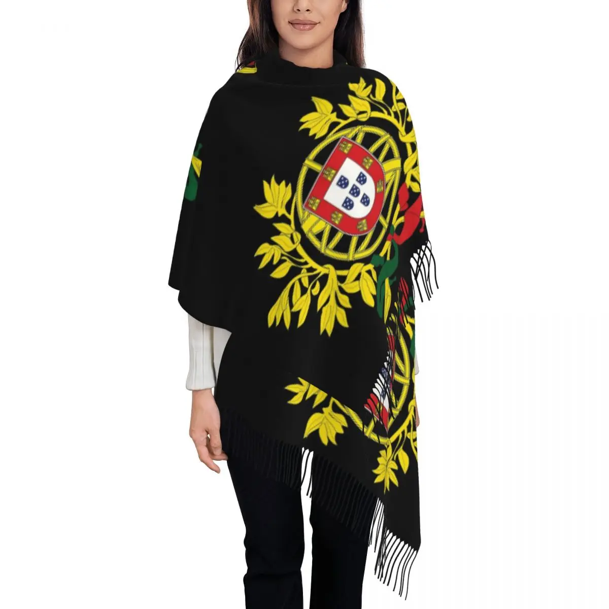 

Womens Scarf with Tassel Portugal Flag Coat Of Arms Large Winter Fall Shawl and Wrap Portuguese Flag Gifts Cashmere Scarf