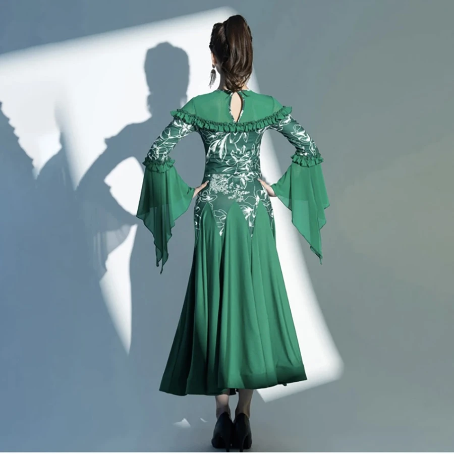 Green Black Bell Sleeve Ballroom Dance Performance Dress For Adult Women Female Expansion Skirts Tango Waltz Dress