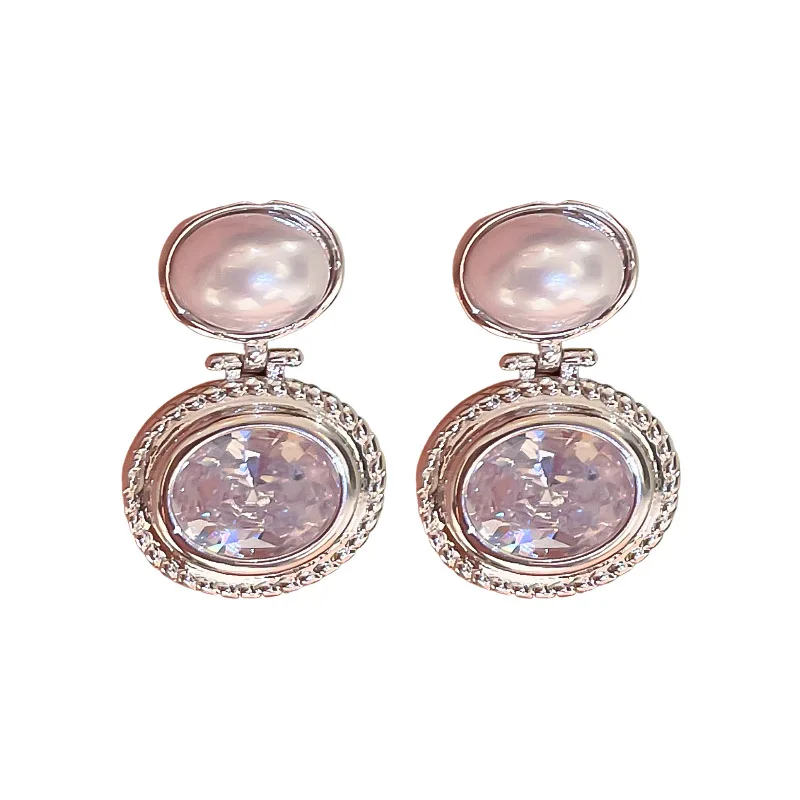 S3437 Geometric Ellipse Faux Pearl Zircon Shinning Dangle Earrings For Women S925 Silver Needle Stud Earrings
