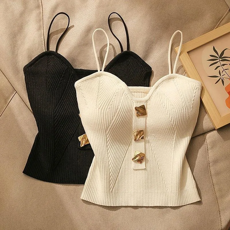 French Style Knitted Crop Top Female Summer Suspender Sexy Slim Camisole Sleeveless Crop Tops Vest Women Solid Tank Top Korean