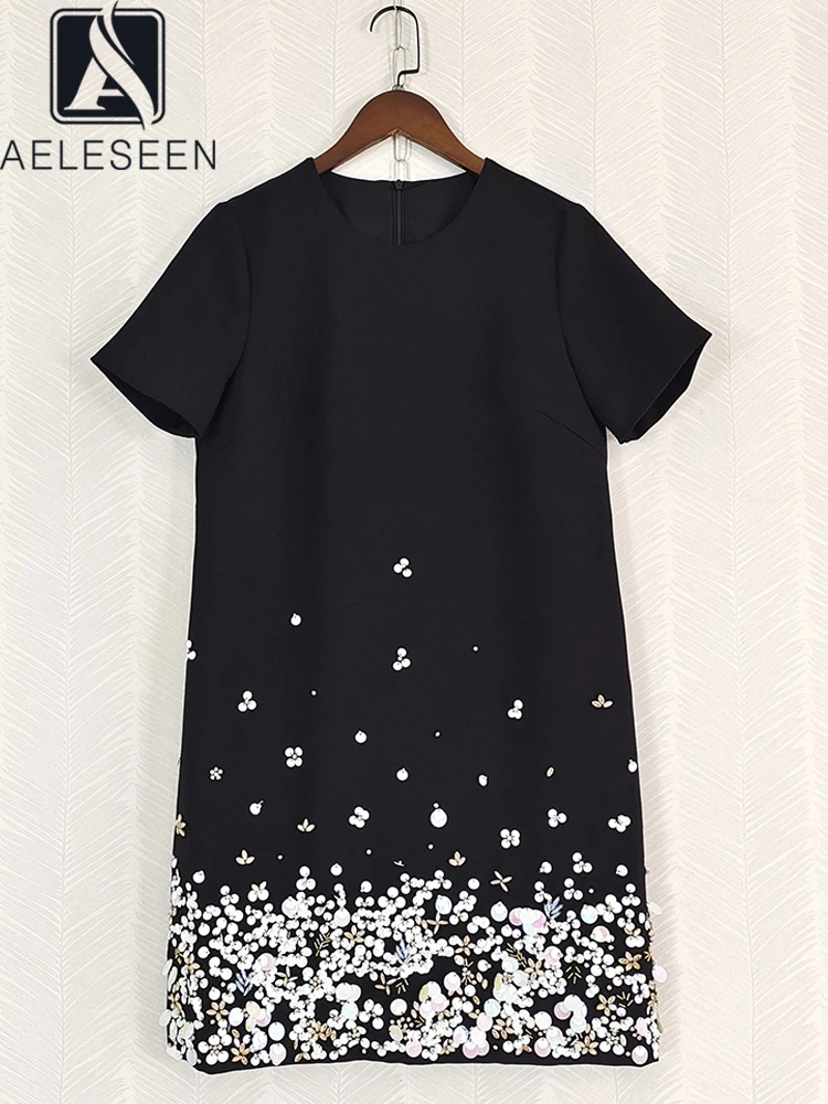 

AELESEEN High Street Sequined Dress Women Summer Short Sleeve Black Beige Beading Crystal Embroidery Casual Mini Holiday